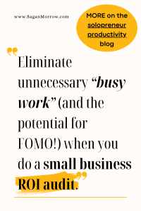 Solopreneur ROI audit quote: "Eliminate unnecessary busy work (and the potential for FOMO) when you do a small business ROI audit"