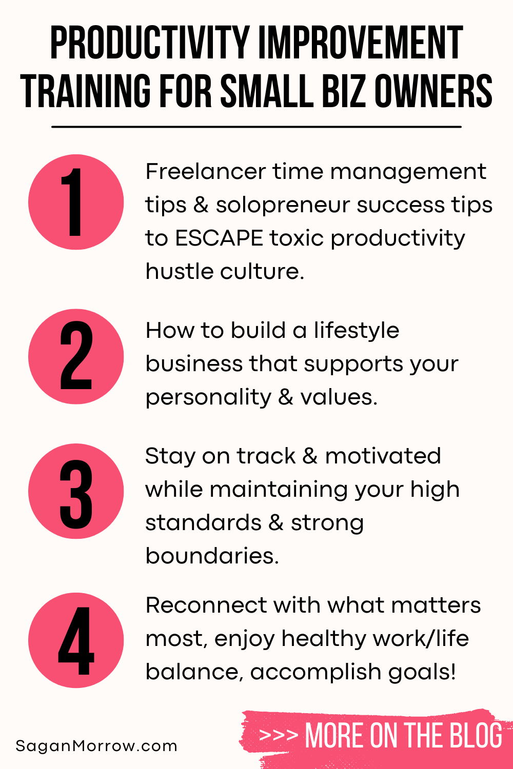 Productivity improvement training for small business owners... Freelancer time management tips and solopreneur success tips to escape toxic productivity hustle culture. How to build a lifestyle business that supports your personality and values. Stay on track and motivated while maintaining your high standards and strong boundaries. Reconnect with what matters most, enjoy healthy work life balance, accomplish your goals!