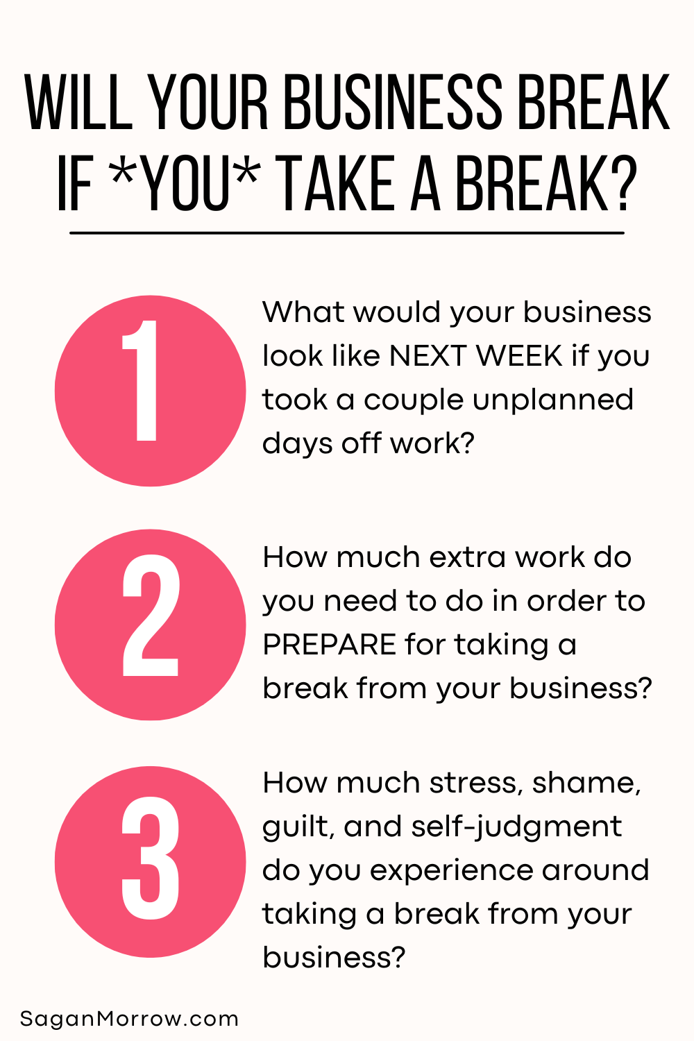 Will your business break if YOU take a break? 1. What would your business look like NEXT WEEK if you took a couple unplanned days off work? 2. How much extra work do you need to do in order to PREPARE for taking a break from your business? 3. How much stress, shame, guilt, and self-judgment do you experience around taking a break from your business? — If I take a break from my business, will my business break infographic