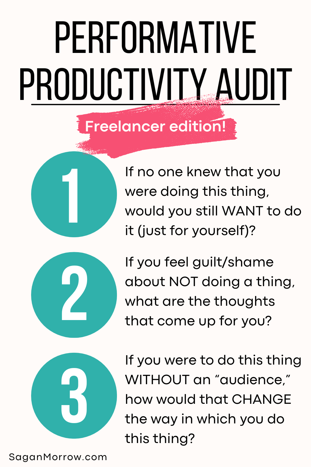 Performative productivity audit freelancer edition 1) If no one knew that you were doing this thing, would you still WANT to do it (just for yourself)? 2) If you feel guilt or shame about NOT doing a thing, what are the thoughts that come up for you? 3) If you were to do this thing WITHOUT an “audience,” how would that CHANGE the way in which you do this thing?