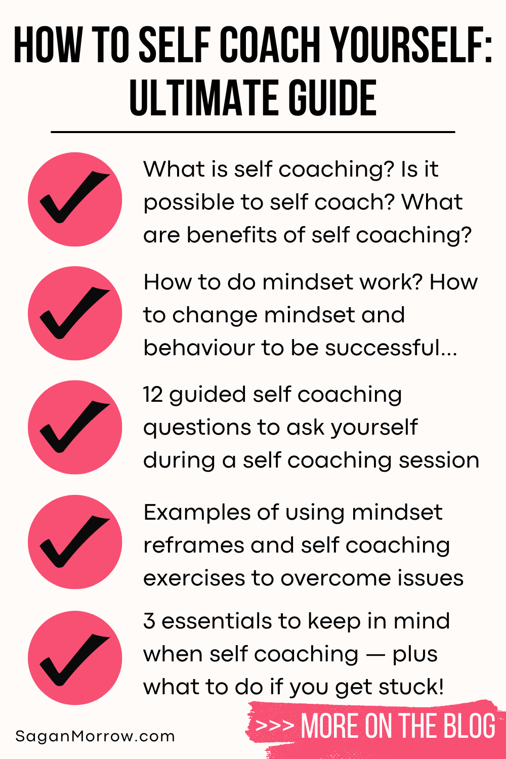 Self coaching infographic - How to self coach yourself ultimate guide! 1) What is self coaching? Is it possible to self coach? What are benefits of self coaching? 2) How to do mindset work? How to change mindset and behaviour to be successful… 3) 12 guided self coaching questions to ask yourself during a self coaching session 4) Examples of using mindset reframes and self coaching exercises to overcome issues 5) 3 essentials to keep in mind when self coaching - plus what to do if you get stuck!