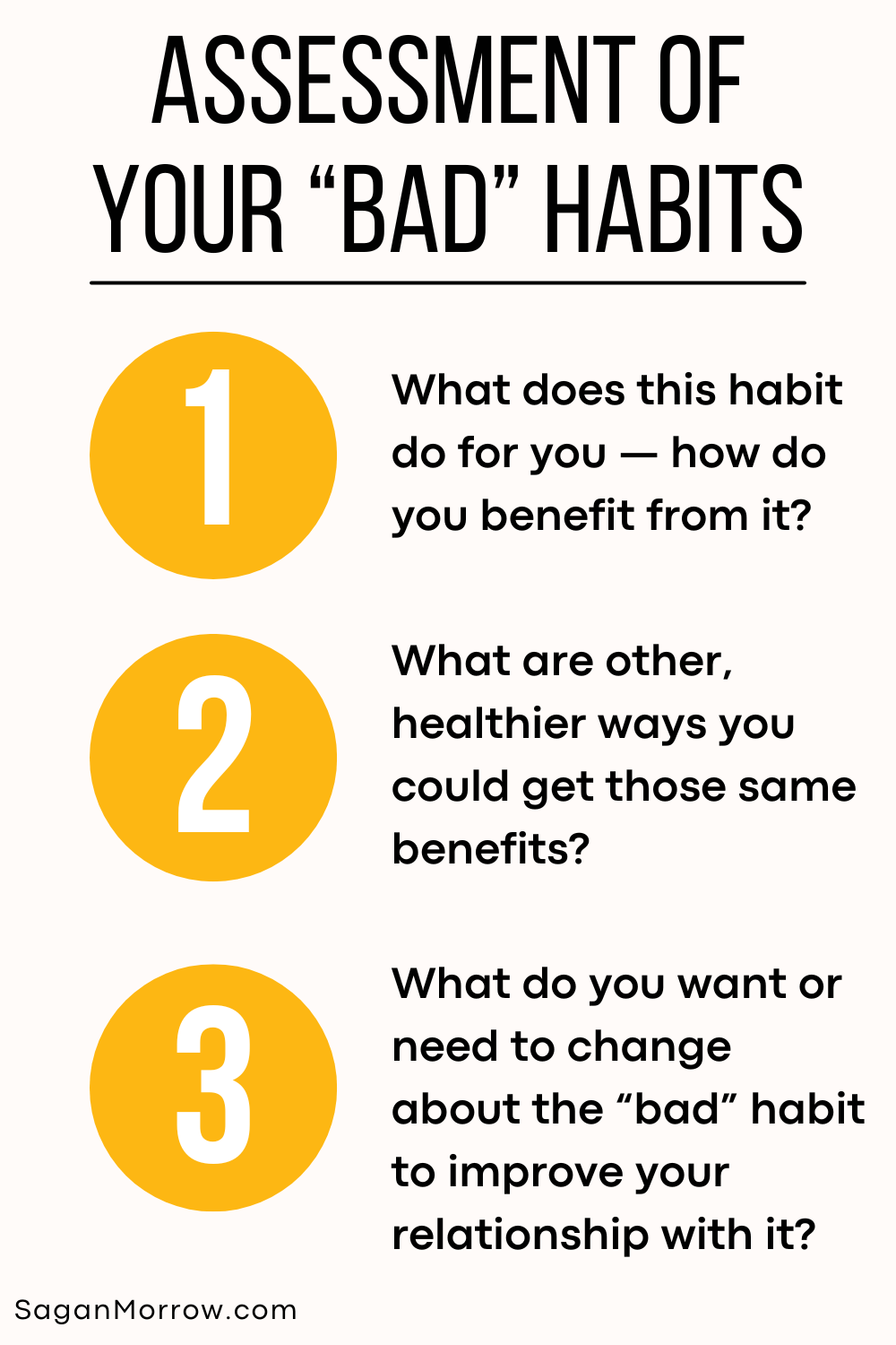 What to know about changing habits infographic — Assessment of your bad habits #1 What does this habit do for you? How do you benefit from it? #2 What are other, healthier ways you could get those same benefits? #3 What do you want or need to change about the bad habit to improve your relationship with it?