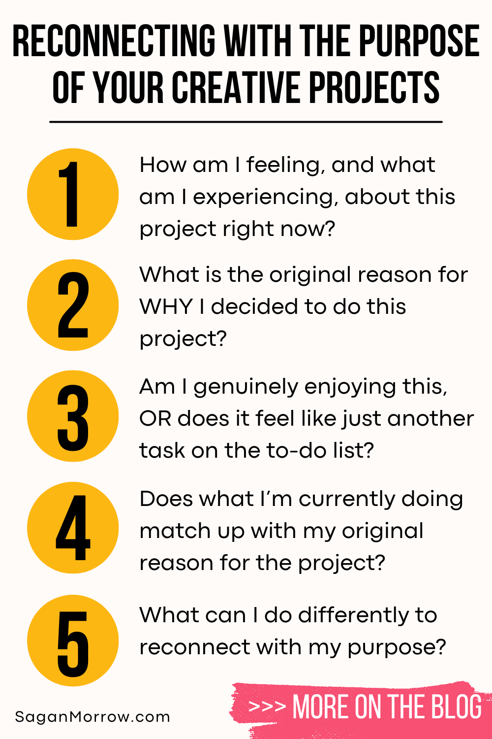 Reconnecting with the purpose of your creative projects infographic: 1. How am I feeling, and what am I experiencing, about this project right now? 2. What is the original reason for WHY I decided to do this project? 3. Am I genuinely enjoying this, OR does it feel like just another task on the to-do list? 4. Does what I’m currently doing match up with my original reason for the project? 5. What can I do differently to reconnect with my purpose?