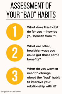What to know about changing habits infographic — Assessment of your bad habits #1 What does this habit do for you? How do you benefit from it? #2 What are other, healthier ways you could get those same benefits? #3 What do you want or need to change about the bad habit to improve your relationship with it?