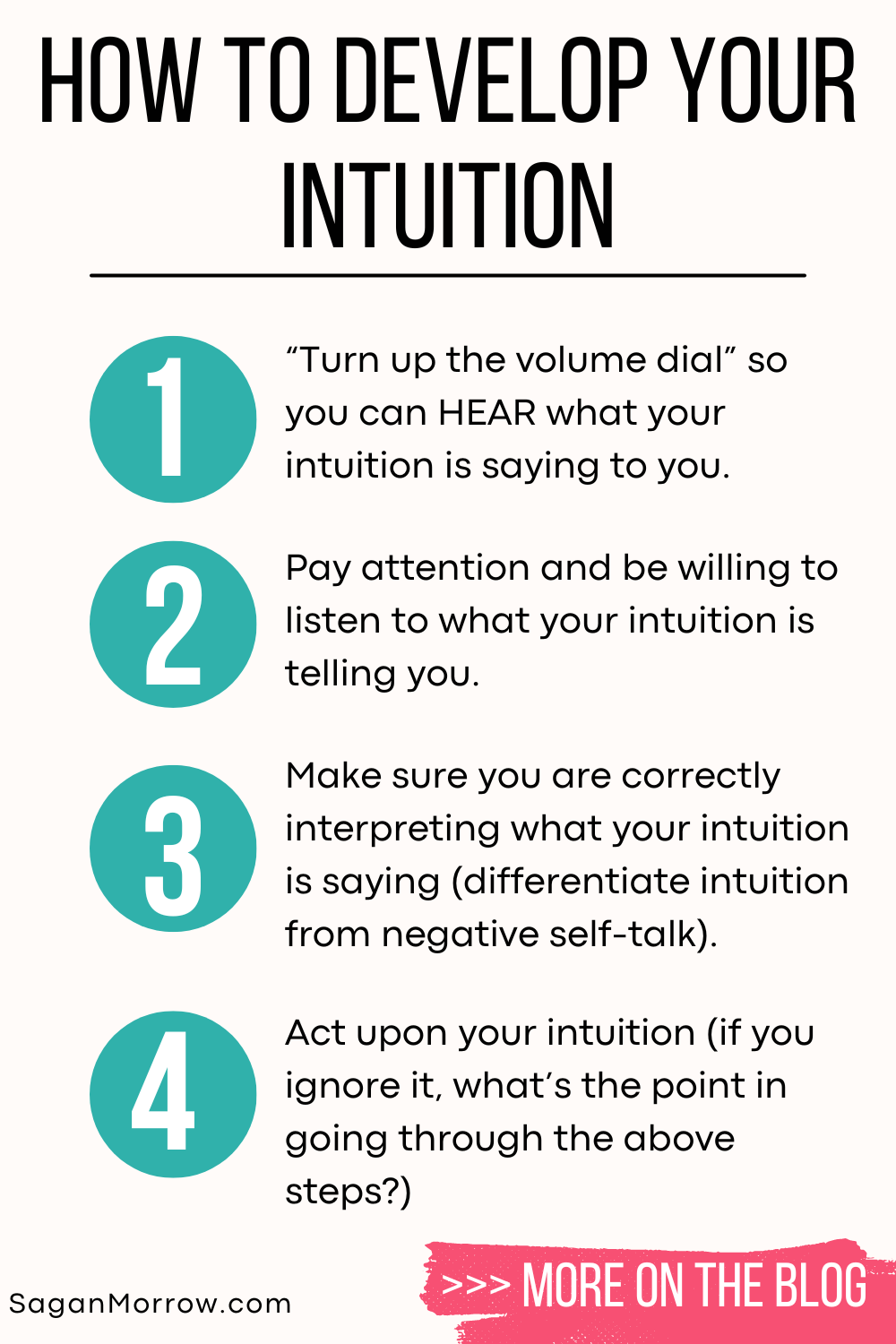 How to develop your intuition infographic: 1. Turn up the volume dial so you can hear what your intuition is saying to you. 2. Pay attention and be willing to listen to what your intuition is telling you. 3. Make sure you are correctly interpreting what your intuition is saying (differentiate intuition from negative self-talk). 4. Act upon your intuition (if you ignore it, what’s the point in going through the above steps?)