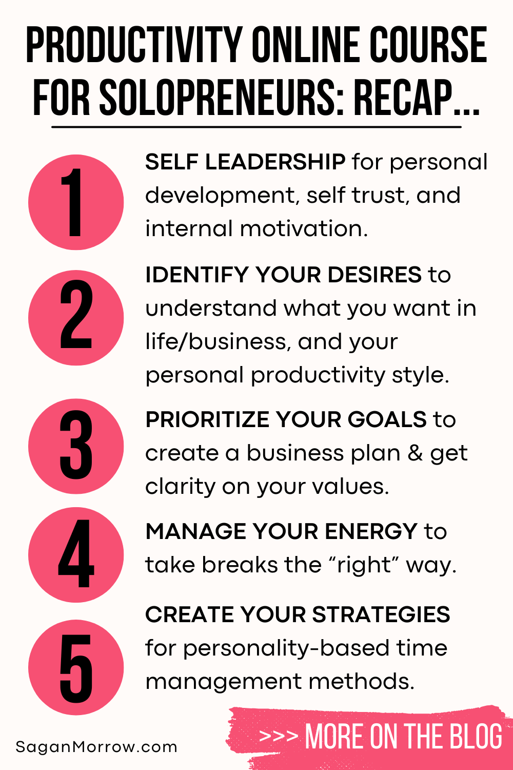 Productivity online course for solopreneurs recap: 1. Self Leadership for personal development, self trust, and internal motivation. 2. Identify Your Desires to understand what you want in life/business, and your personal productivity style. 3. Prioritize Your Goals to create a business plan and get clarity on your values. 4. Manage Your Energy to take breaks the “right” way. 5. Create Your Strategies for personality-based time management methods… More on the productivity blog!